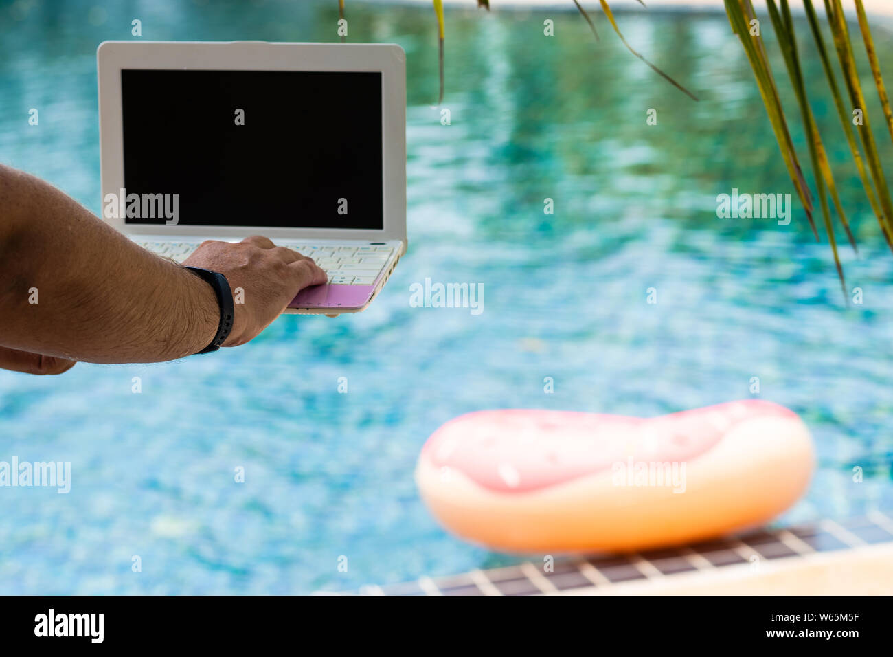 Man working on laptop poolside hi-res stock photography and images - Alamy