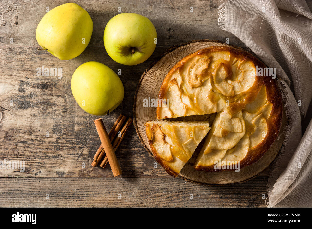 Homemade apple pie on wooden table. Top view. Copy space Stock Photo