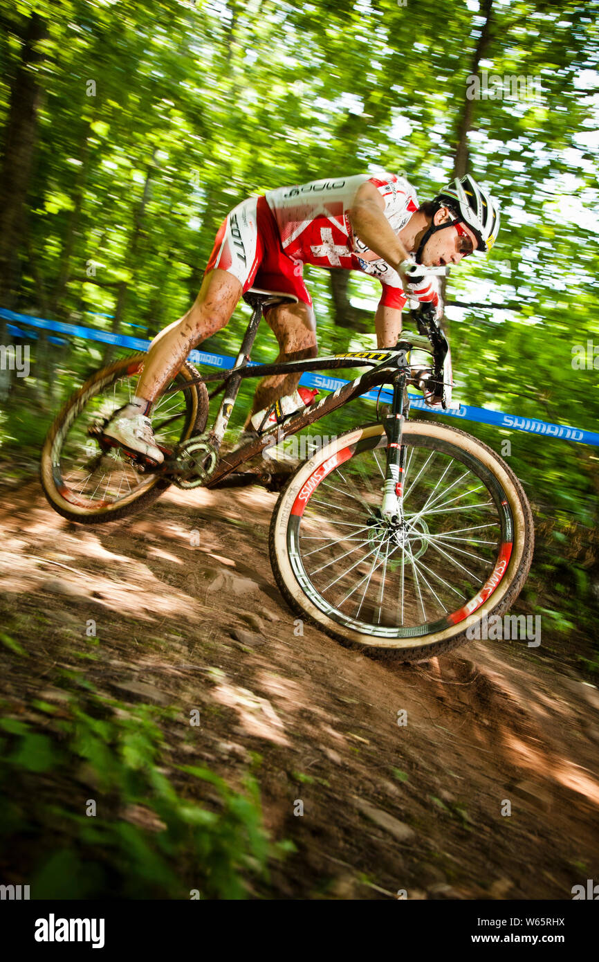 JULY 9, 2011 - WINDHAM NY, USA. Nino Schurter at the UCI Mountain Bike Cross Country World Cup. Stock Photo