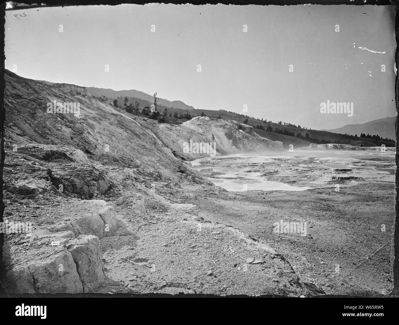 Group of hot springs near the summit, Mammoth Hot Springs, Yellowstone. Stock Photo