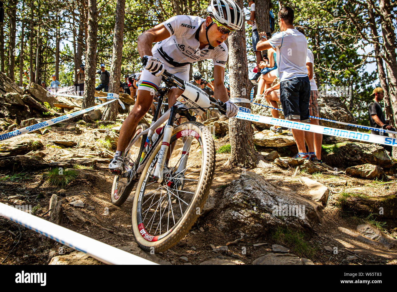 JULY 27, 2013 - VALLNORD, ANDORRA. Nino Schurter at the UCI Mountain Bike Cross Country World Cup. Stock Photo