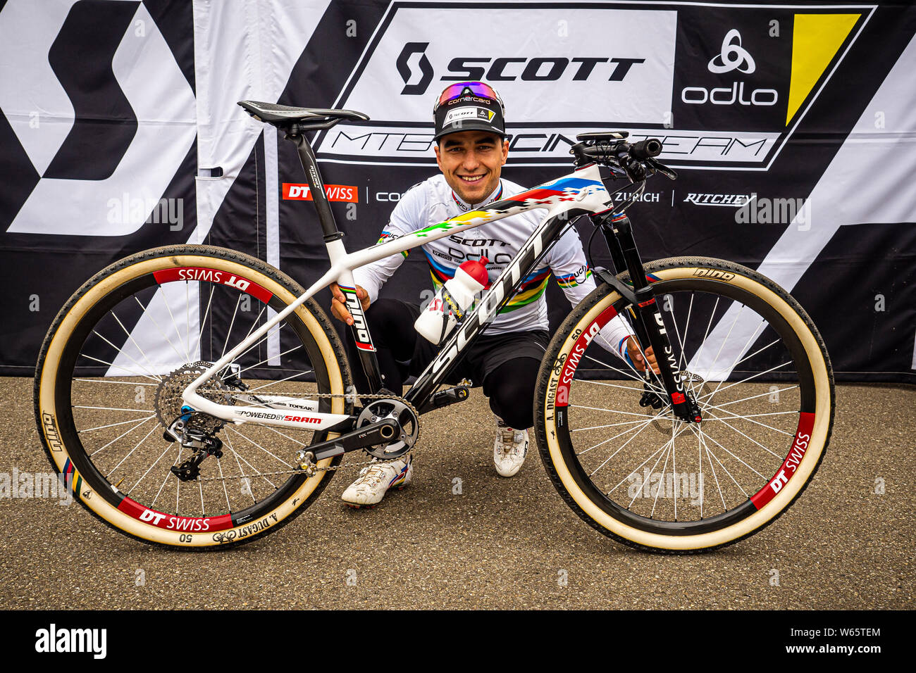 MAY 30, 2014 - ALBSTADT, GERMANY. Nino Schurter with his bike at the UCI Mountain Bike Cross Country World Cup. Stock Photo