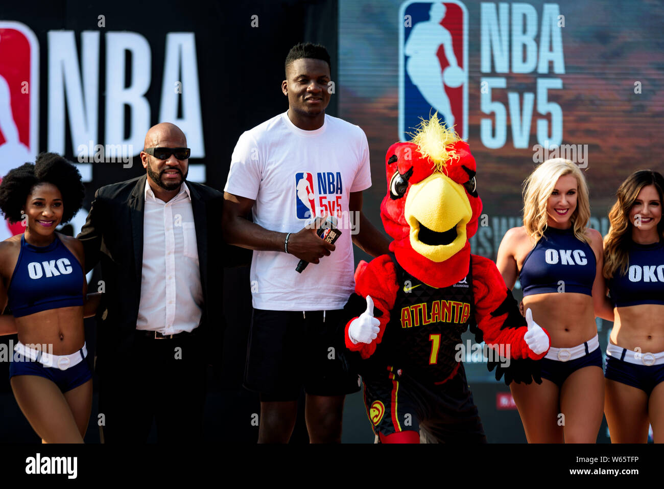 NBA star Clint Capela of Houston Rockets, tallest, attends the NBA 5V5 ...