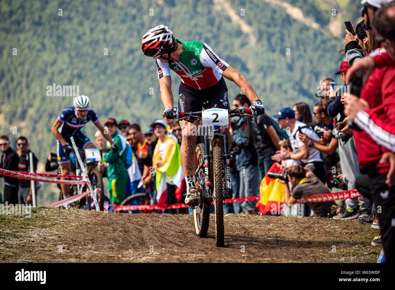 SEPTEMBER 5, 2015 - VALLNORD, ANDORRA. Nino Schurter leading and looking back at Julien Absalon at the UCI Mountain BIke World Championships. Stock Photo