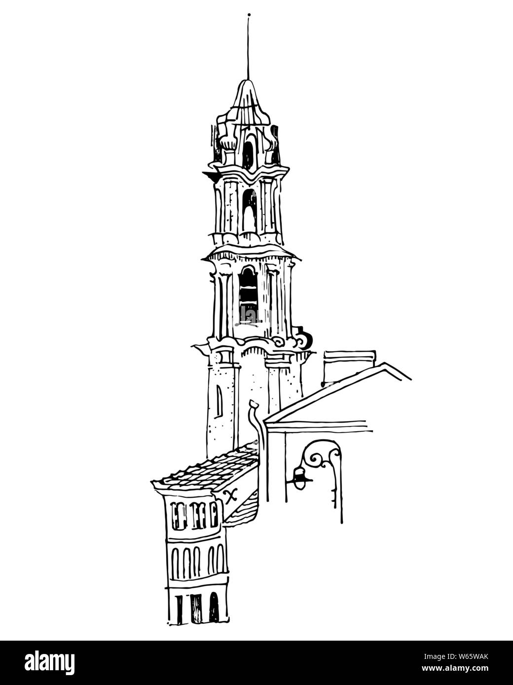 Old town motif. Bell tower, medieval houses, street lantern. Vilnius, Lithuania. Baltic states landmark. Postcard, coloring page. Hand drawn sketchy s Stock Vector