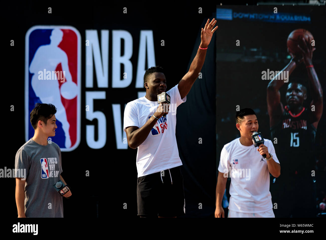 NBA star Clint Capela of Houston Rockets, tallest, attends the NBA 5V5 ...