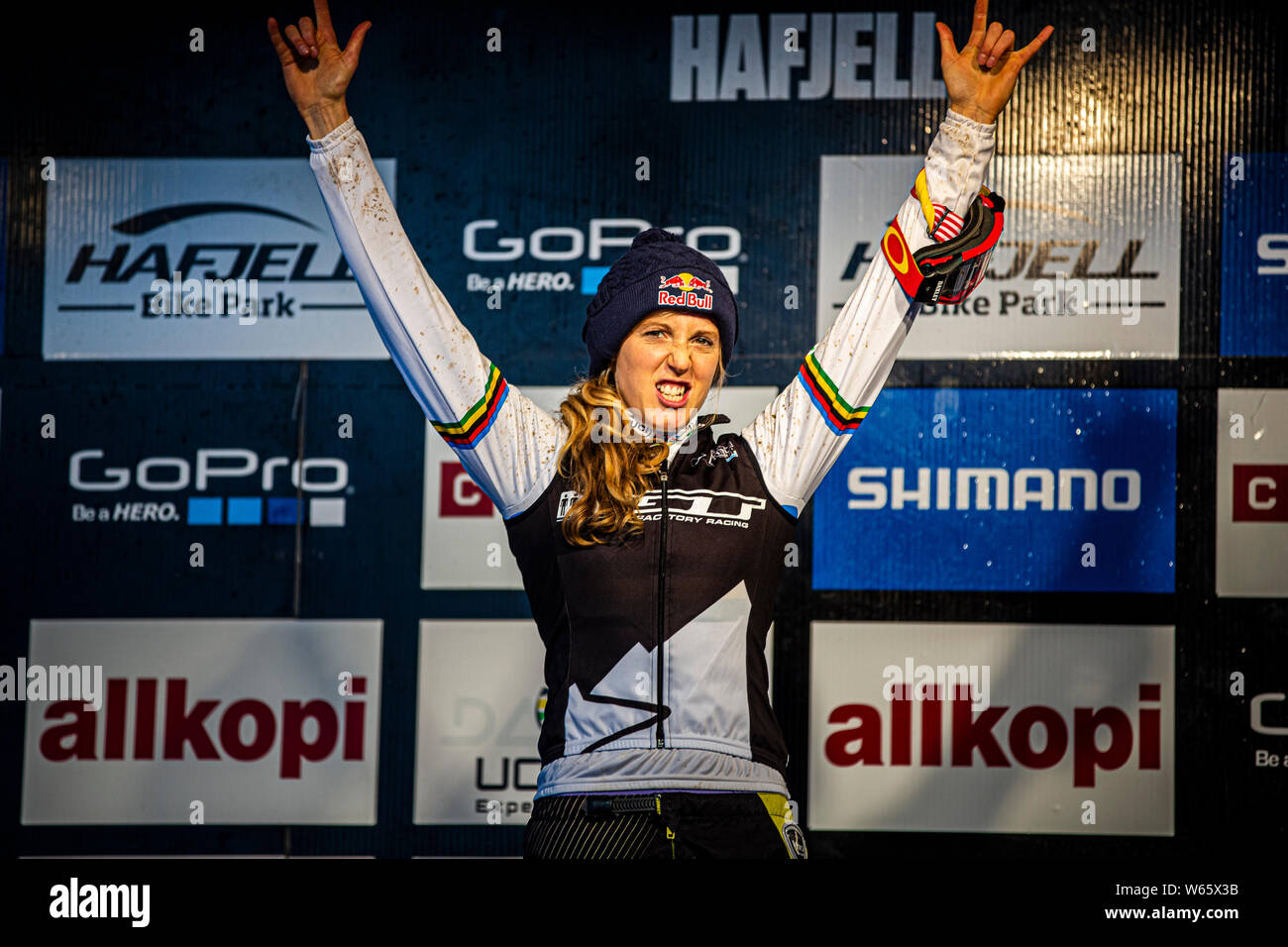 SEPTEMBER 15, 2013 - HAFJELL, NORWAY. Rachel Atherton celebrates winning the UCI MTB DH World Cup Stock Photo
