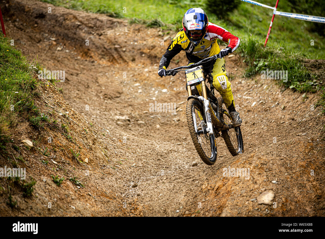 SEPTEMBER 20, 2013 - LEOGANG, AUSTRIA. Rachel Atherton (GBR) racing at the UCI Mountain Bike Downhill World Cup. Stock Photo