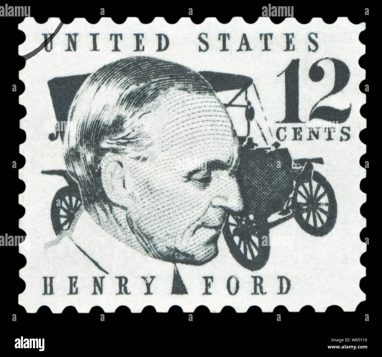 UNITED STATES OF AMERICA - CIRCA 1968: A stamp printed in USA shows Henry Ford (1863-1947) and car Ford Model T from 1909, circa 1968. Stock Photo