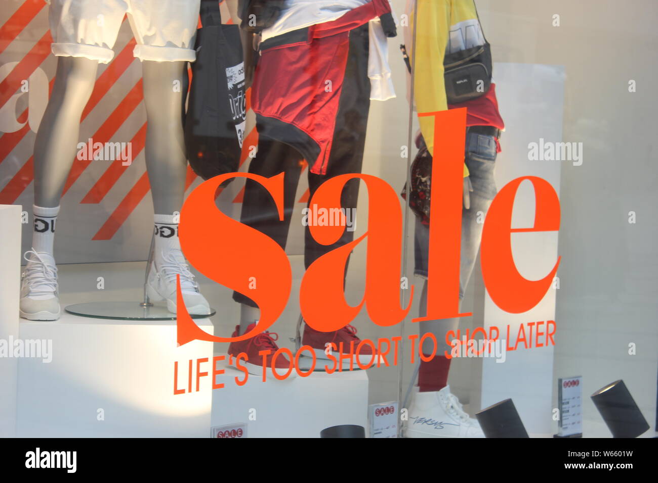 Sales in shopping area Munich, display decoration with sale signs. Stock Photo