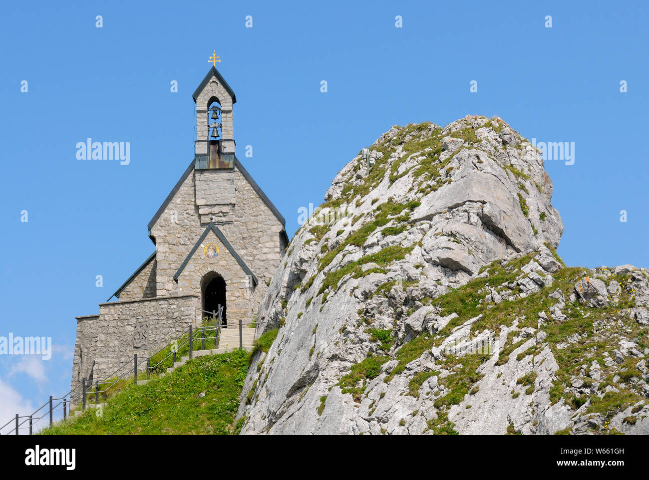 Little chapel at the peak of Wendelstein, july, Bavaria, Germany Stock Photo