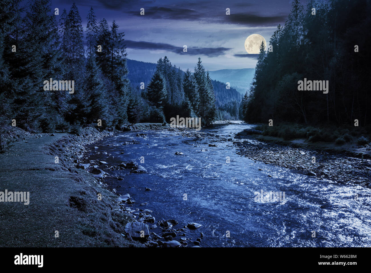Mountain River Winding Through Forest At Night In Full Moon Light Beautiful Nature Scenery In Autumn Spruce Trees By The Shore Wonderful Synevyr Na Stock Photo Alamy Mountain River Winding Through Forest At Night In Full Moon Light Beautiful Nature Scenery In Autumn Spruce Trees By The Shore Wonderful Synevyr Na Stock Photo Alamy