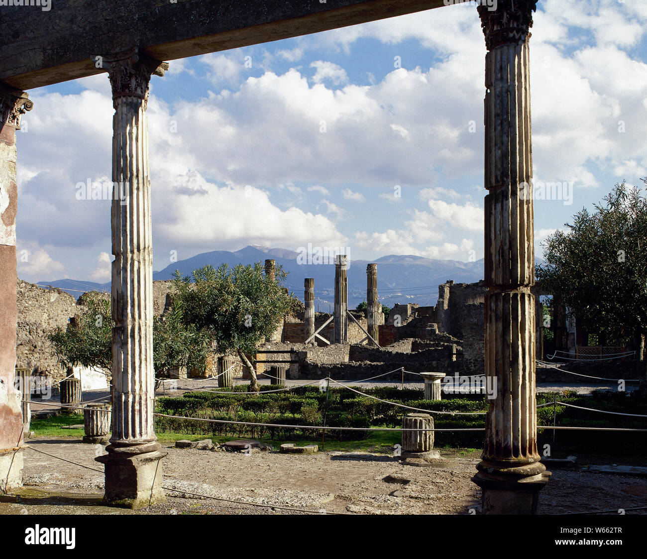 Italy. Pompeii. House of the Faun. Pompeian Domus built by Publio Silla (2nd century BC). General view of one of the courtyards. La Campania. Stock Photo