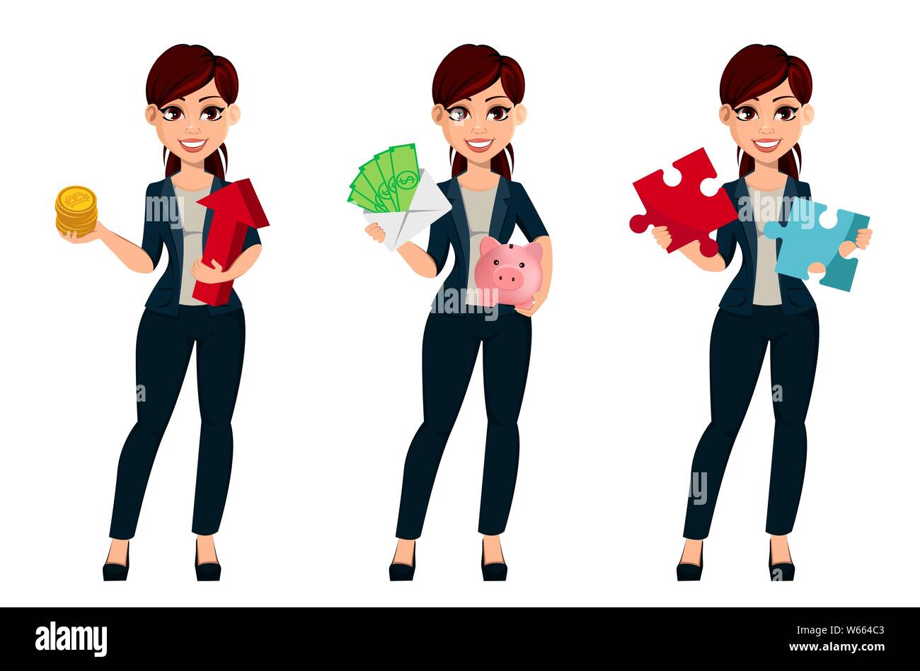 Young beautiful business woman, set of three poses. Cute female cartoon  character businesswoman holds bitcoins, holds money and holds puzzle.  Vector i Stock Vector Image & Art - Alamy