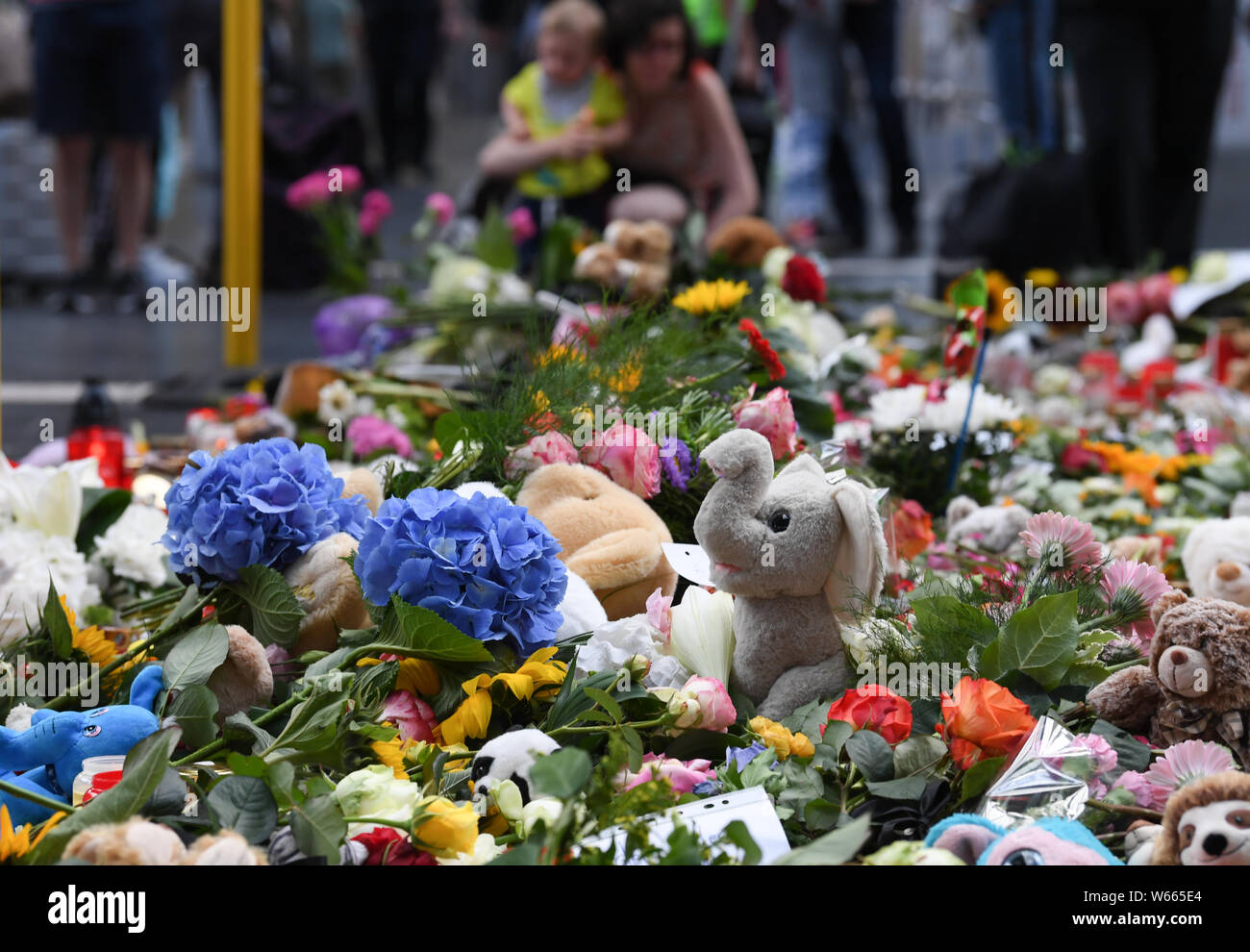 31 July 2019, Hessen, Frankfurt/Main: A sea of flowers, cuddly toys and condolences has formed on track 7 of the main station. An eight-year-old boy was pushed and killed here on 29 July by a man in front of an ICE train. Photo: Arne Dedert/dpa Stock Photo