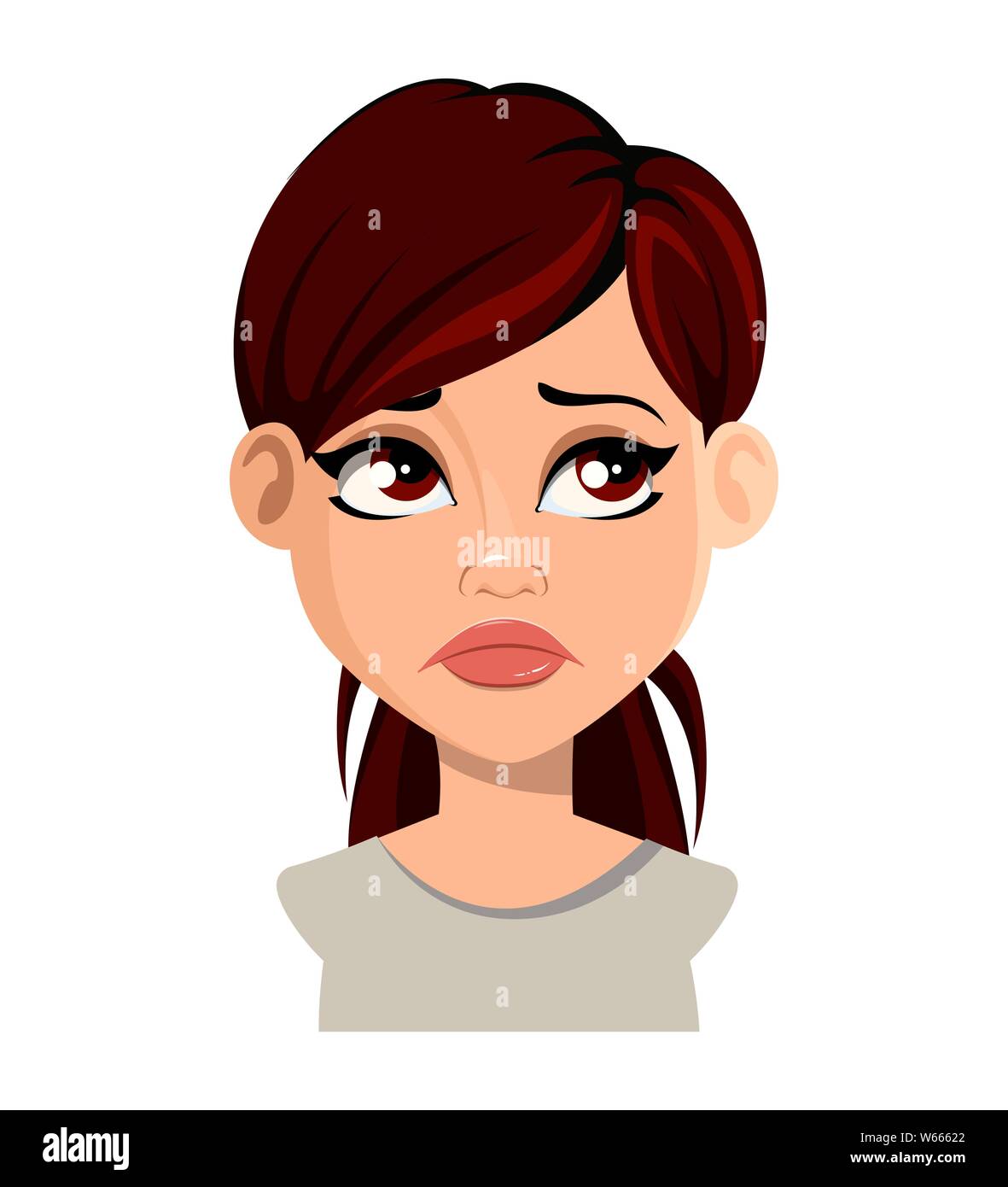 Face expression of beautiful woman with brown hair, sad. Female emotion ...