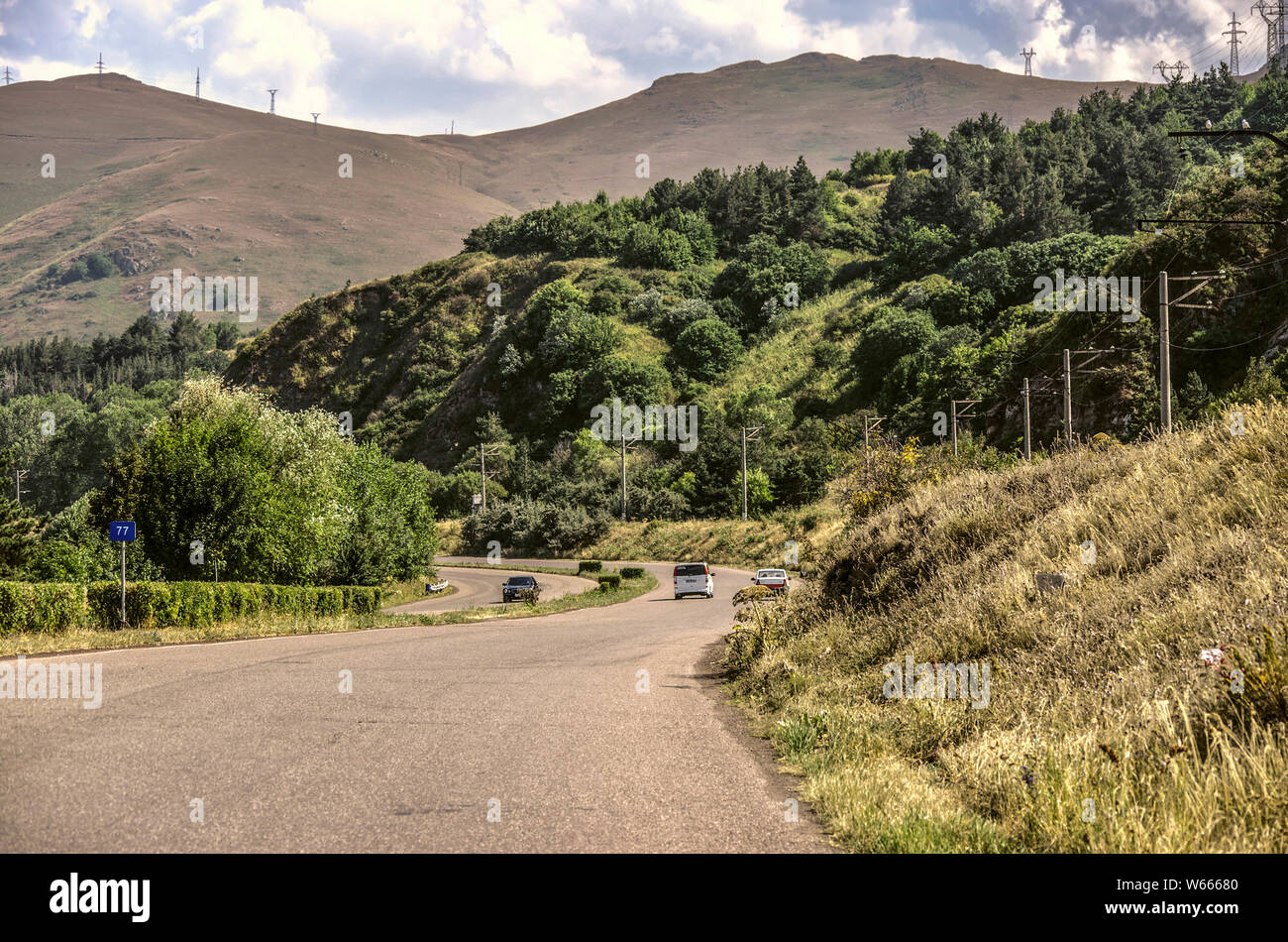Turn on the road leading to the high-mountain lake Sevan in Gegharkunik region of Armenia Stock Photo