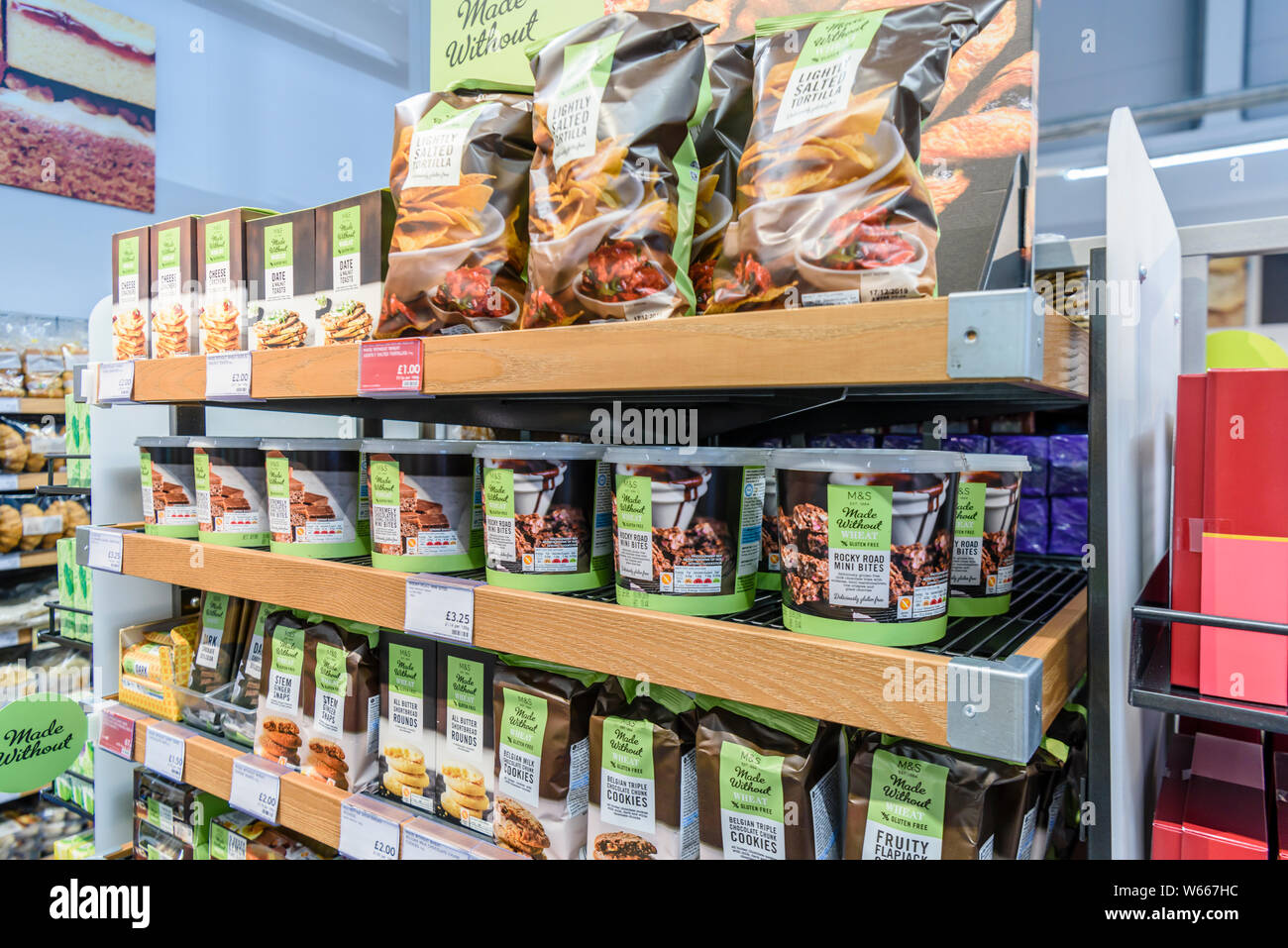 'Made Without Wheat' branded food within a Marks and Spencers Foodhall. Stock Photo