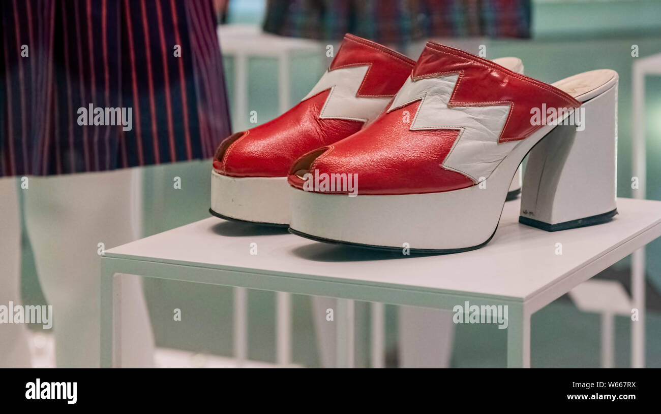 Red and White platform sandals, Part of Mary Quant Exhibition at V & A Museum, Cromwell Road, London SW7 UK Stock Photo