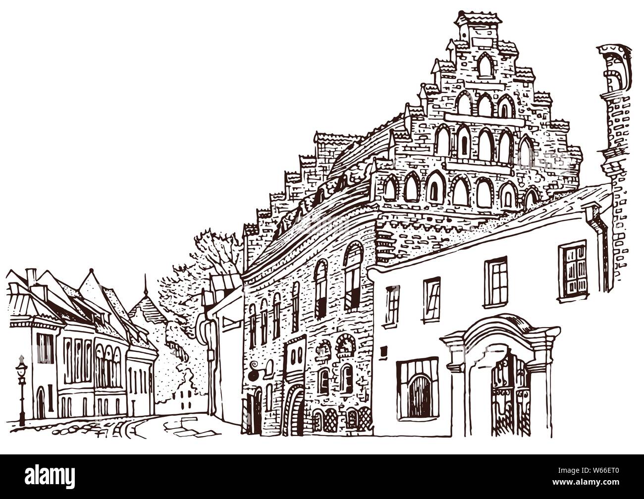 Cozy street of Kaunas Old Town. Historical architecture, medieval houses, cathedral. Baltic states landmark. Postcard, coloring page. Hand drawn sketc Stock Vector