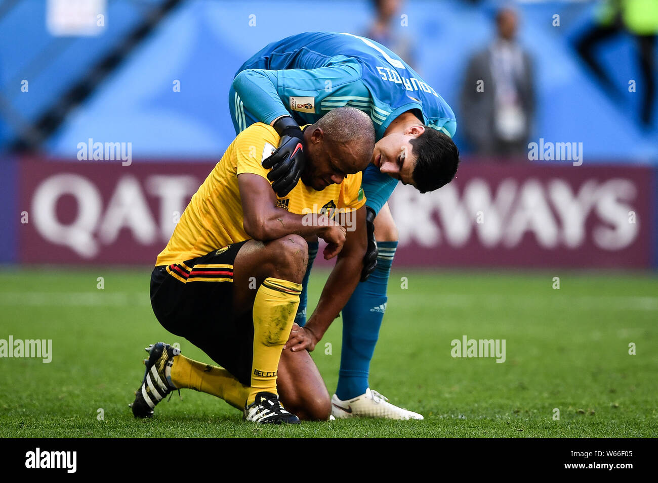 Goalkeeper Thibaut Courtois, back, of Belgium talks to Vincent Kompany in their third place match against England during the 2018 FIFA World Cup in Sa Stock Photo