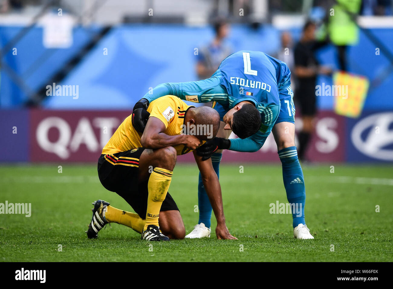 Goalkeeper Thibaut Courtois, right, of Belgium checks Vincent Kompany in their third place match against England during the 2018 FIFA World Cup in Sai Stock Photo