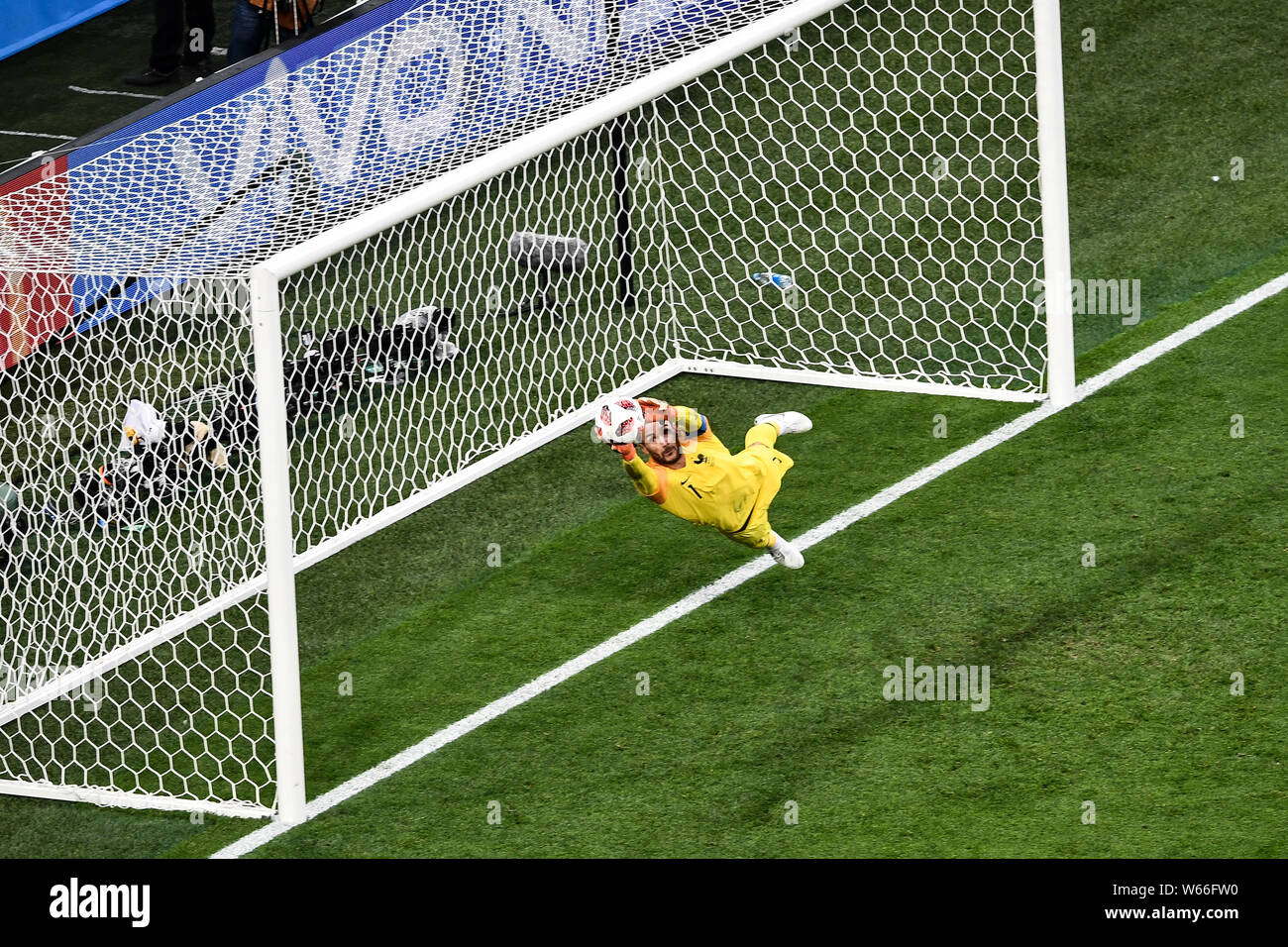 Goalkeeper Hugo Lloris of France saves a shot by Belgium in their semifinal match during the 2018 FIFA World Cup in Saint Petersburg, Russia, 10 July Stock Photo