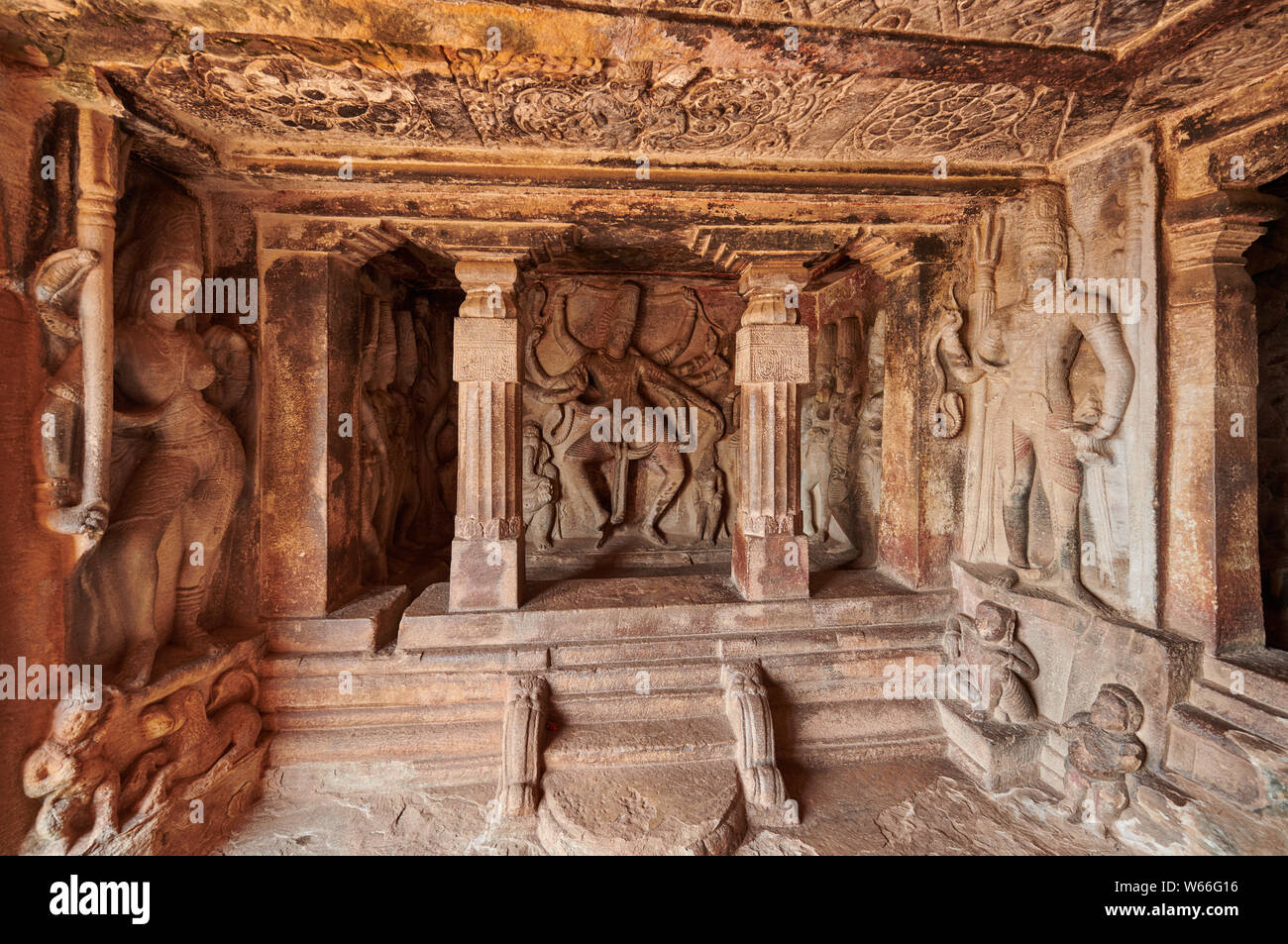 stone carving inside of Ravana Phadi Cave Temples, Aihole, Karnataka, India Stock Photo