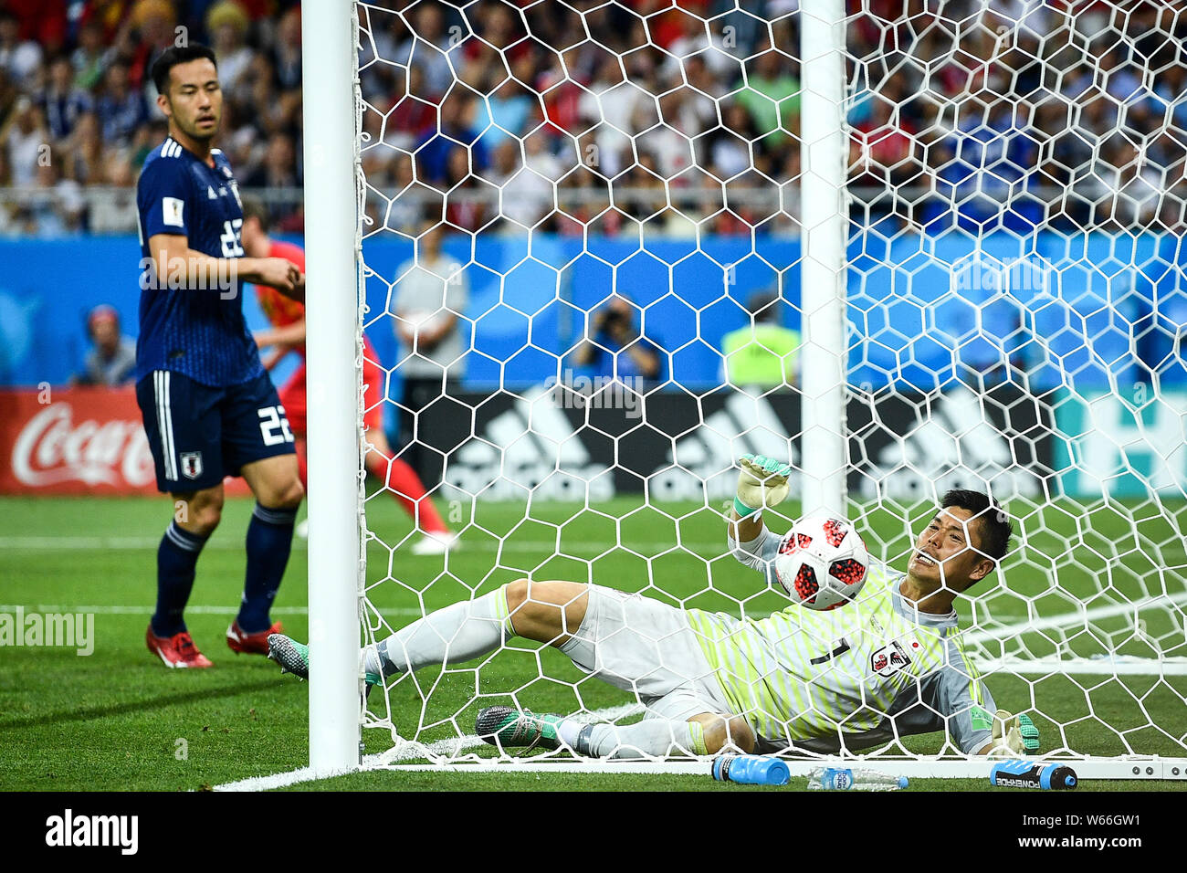 Eiji Kawashima of Japan fails to save a shoot against Belgium in their Round of 16 match during the 2018 FIFA World Cup in Rostov, Russia, 2 July 2018 Stock Photo