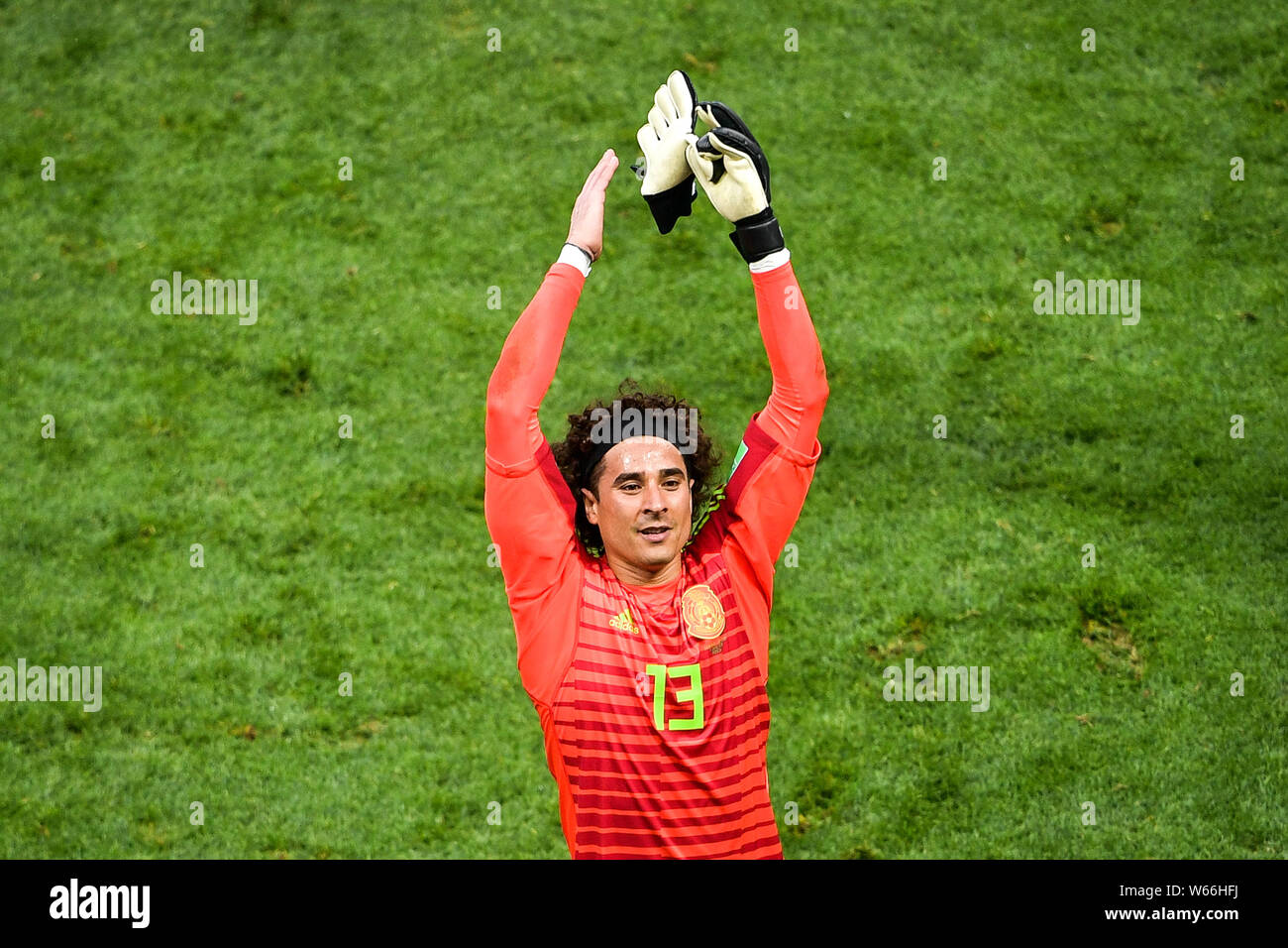 Goalkeeper Guillermo Ochoa of Mexico celebrates after his team defeated Germany in their Group F match during the FIFA World Cup 2018 in Moscow, Russi Stock Photo