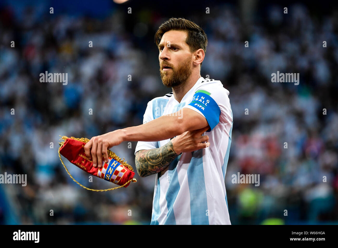 Lionel Messi of Argentina adjusts the captain armband before their Group D match against Croatia during the 2018 FIFA World Cup in Nizhny Novgorod, Ru Stock Photo