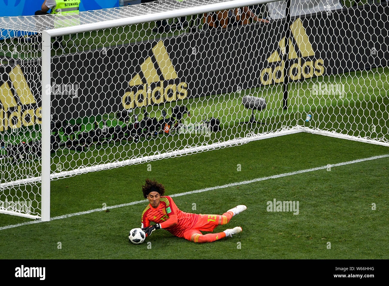 Goalkeeper Guillermo Ochoa of Mexico saves a shot by Germany in their Group F match during the FIFA World Cup 2018 in Moscow, Russia, 17 June 2018. Stock Photo