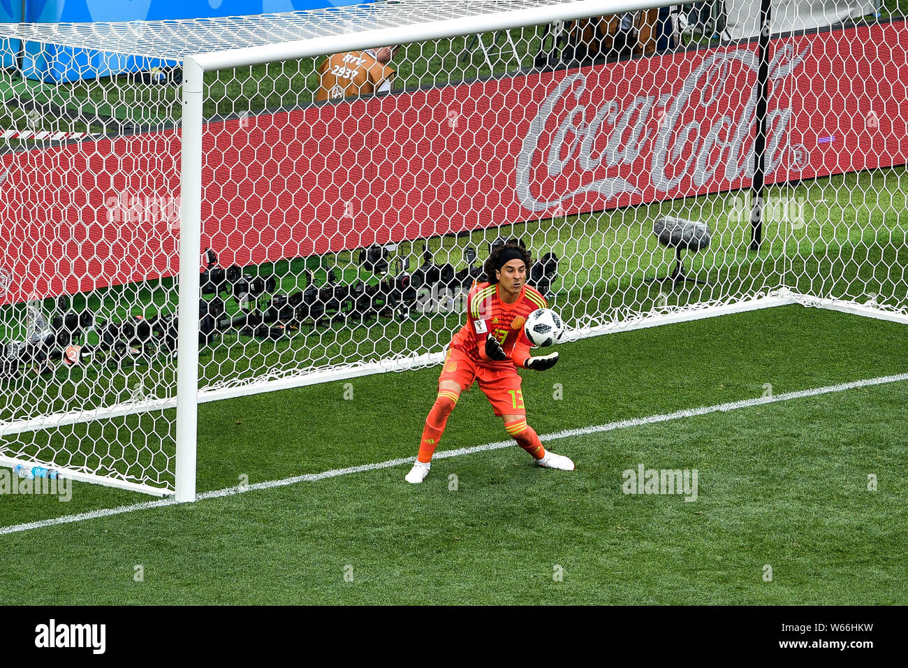 Goalkeeper Guillermo Ochoa of Mexico saves a shot by Germany in their Group F match during the FIFA World Cup 2018 in Moscow, Russia, 17 June 2018. Stock Photo