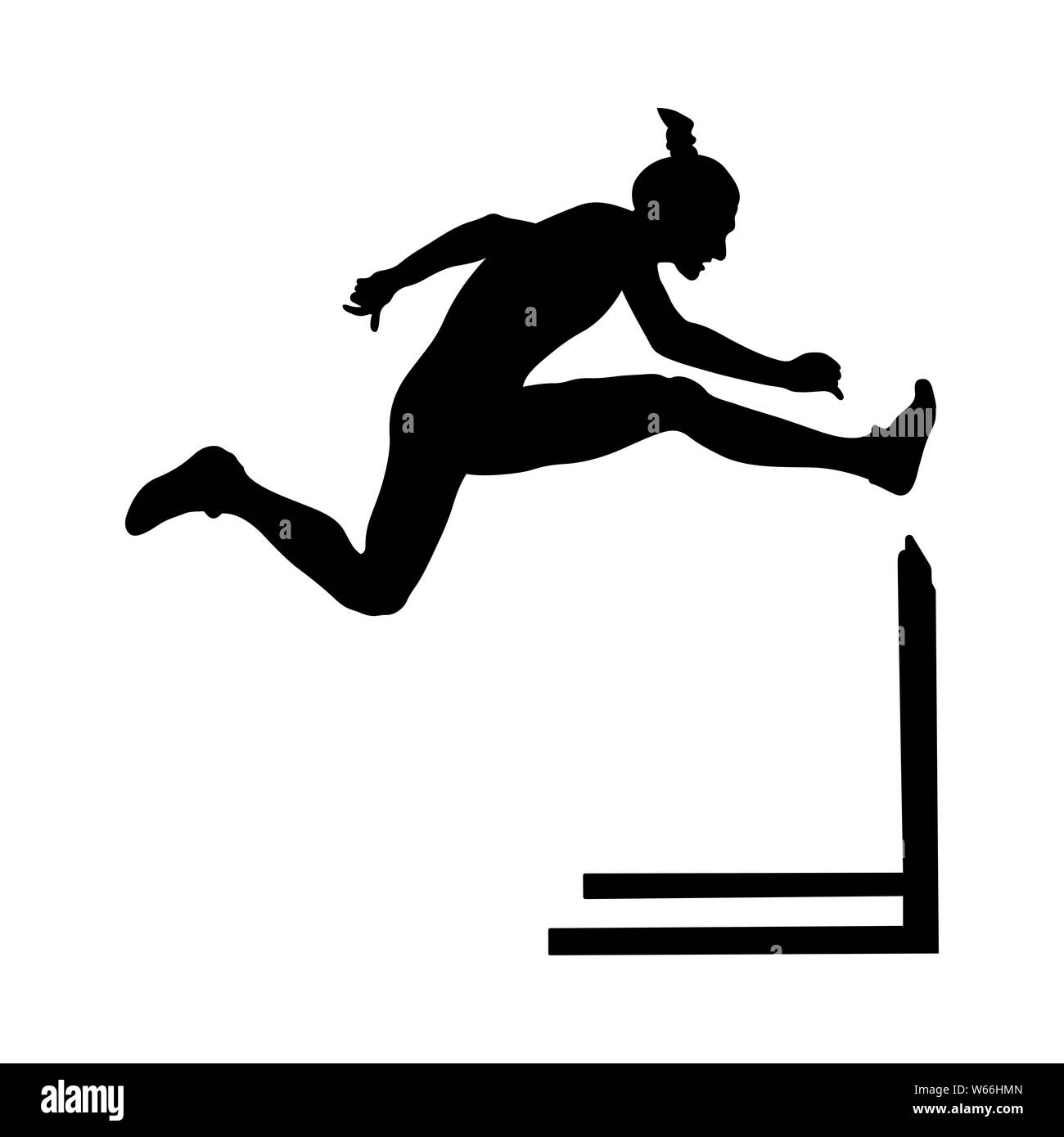 women athlete runner running hurdles attack black silhouette Stock Photo