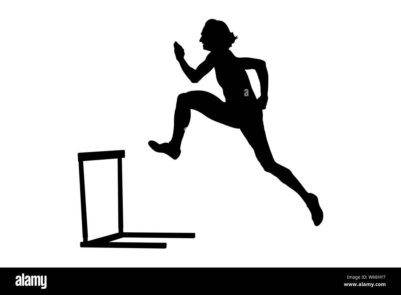 women athlete running 400 meter hurdles black silhouette Stock Photo