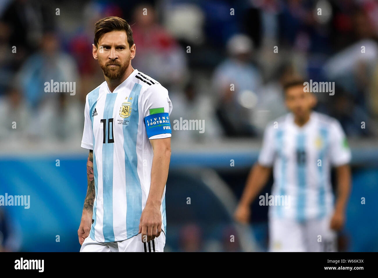 Lionel Messi of Argentina looks on in their Group D match against Croatia during the 2018 FIFA World Cup in Nizhny Novgorod, Russia, 21 June 2018.   L Stock Photo