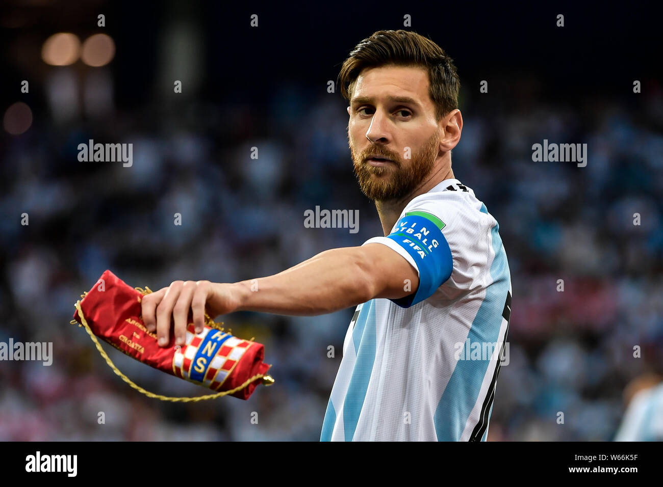 Lionel Messi of Argentina looks on before their Group D match against Croatia during the 2018 FIFA World Cup in Nizhny Novgorod, Russia, 21 June 2018. Stock Photo