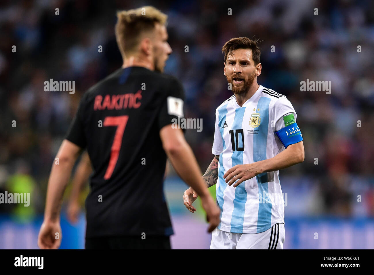 Lionel Messi of Argentina speaks to teammates in their Group D match against Croatia during the 2018 FIFA World Cup in Nizhny Novgorod, Russia, 21 Jun Stock Photo