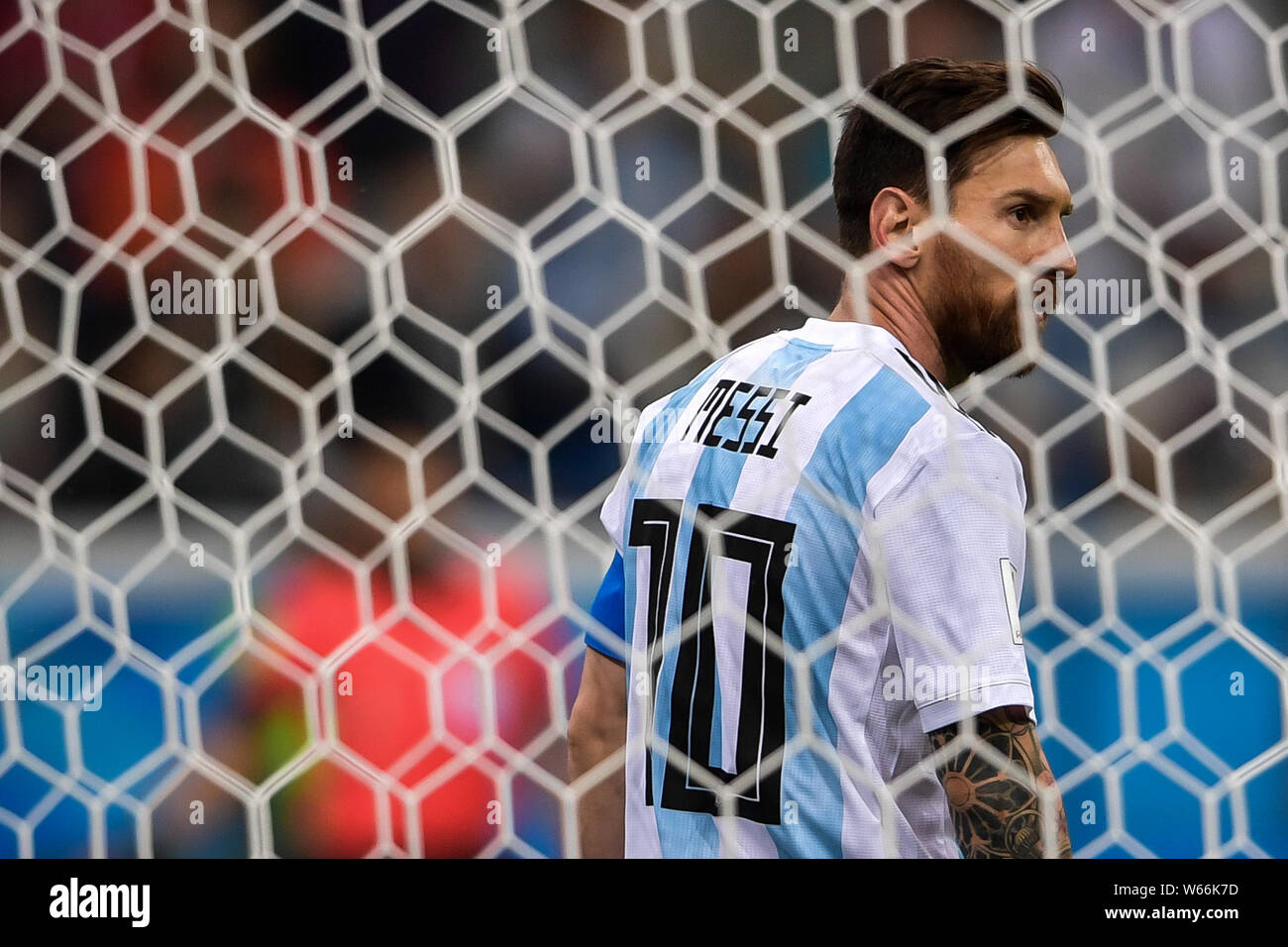 Lionel Messi of Argentina looks on from the net in their Group D match against Croatia during the 2018 FIFA World Cup in Nizhny Novgorod, Russia, 21 J Stock Photo