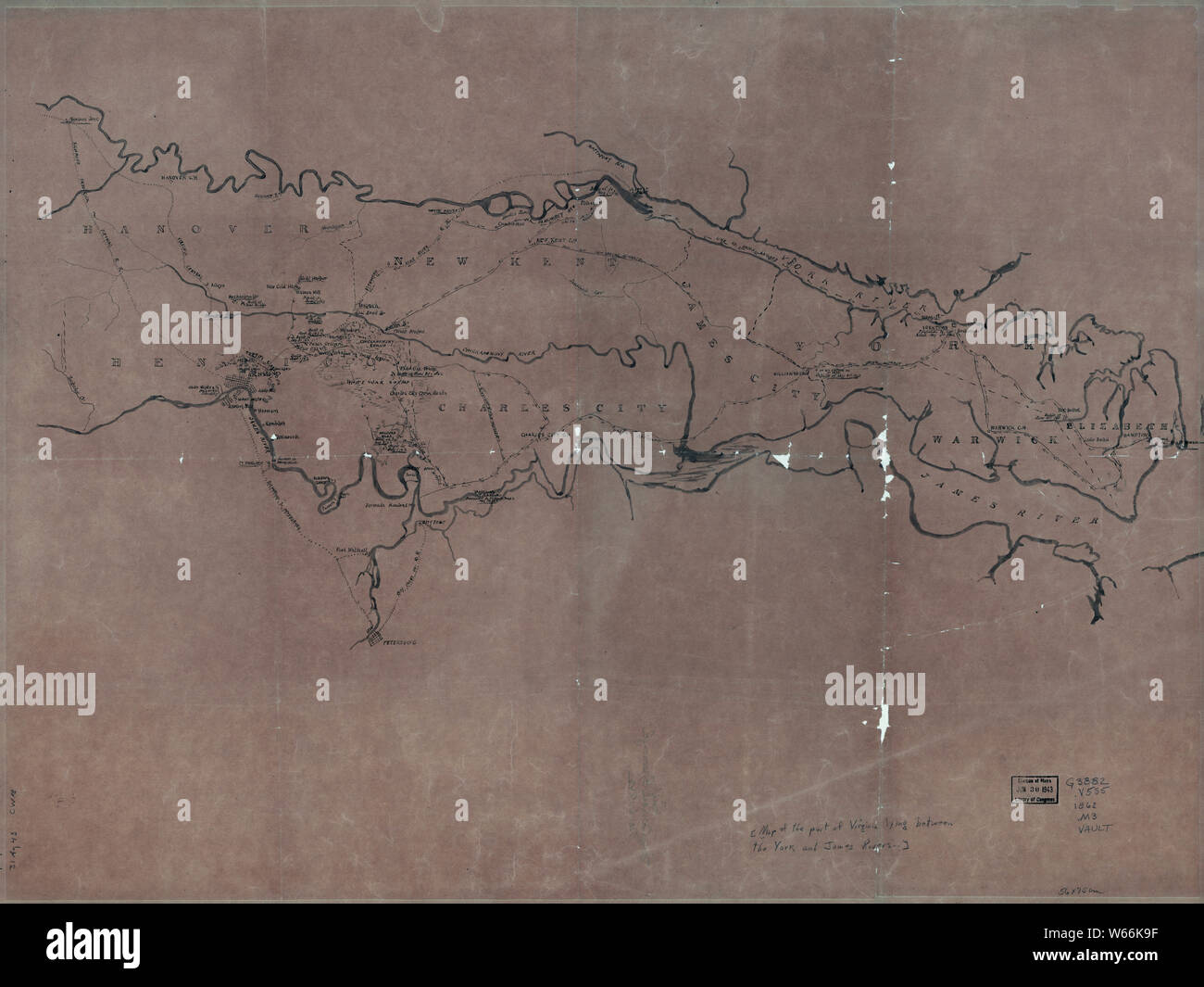 Civil War Maps 2117 Map of the part of Virginia lying between the York and James rivers showing battles and routes of Union forces 1861-62 Rebuild and Repair Stock Photo