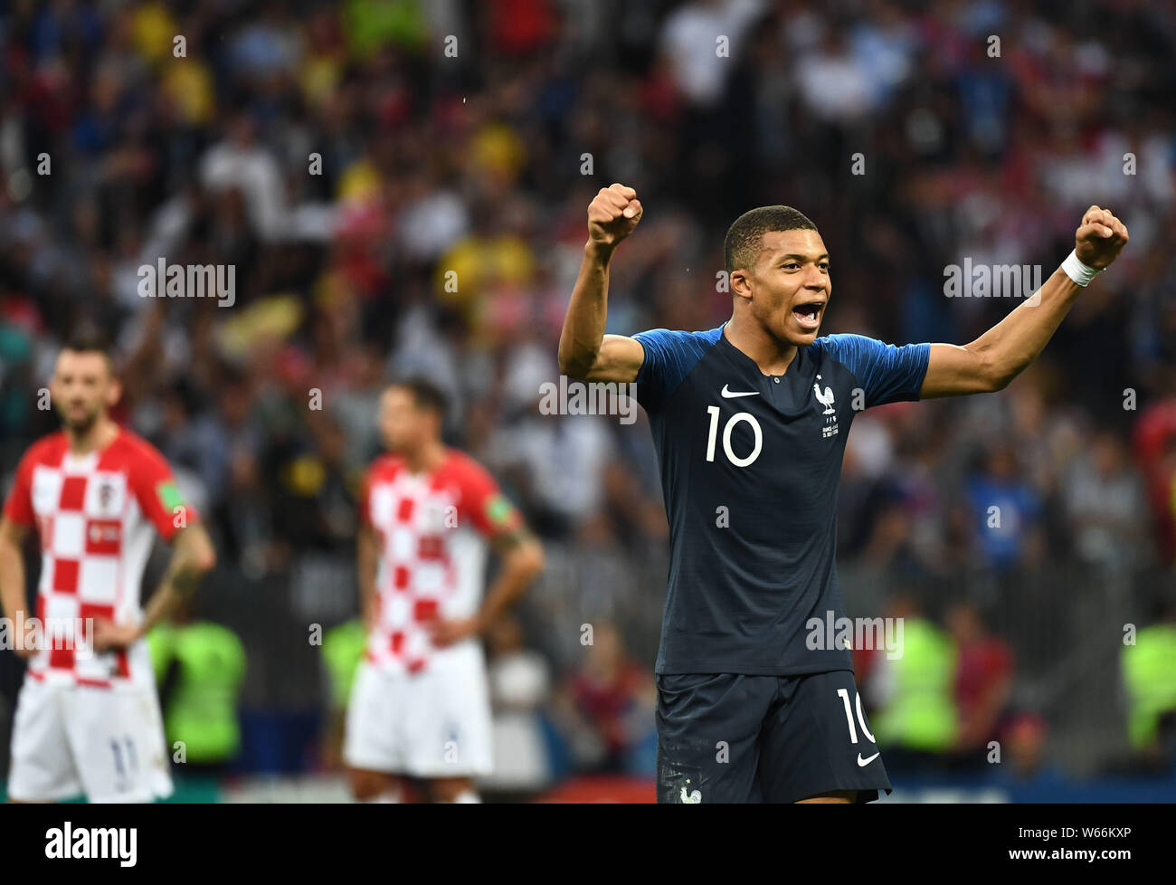 Kylian Mbappe of France celebrates after scoring a goal against Croatia in their final match during the 2018 FIFA World Cup in Moscow, Russia, 15 July Stock Photo