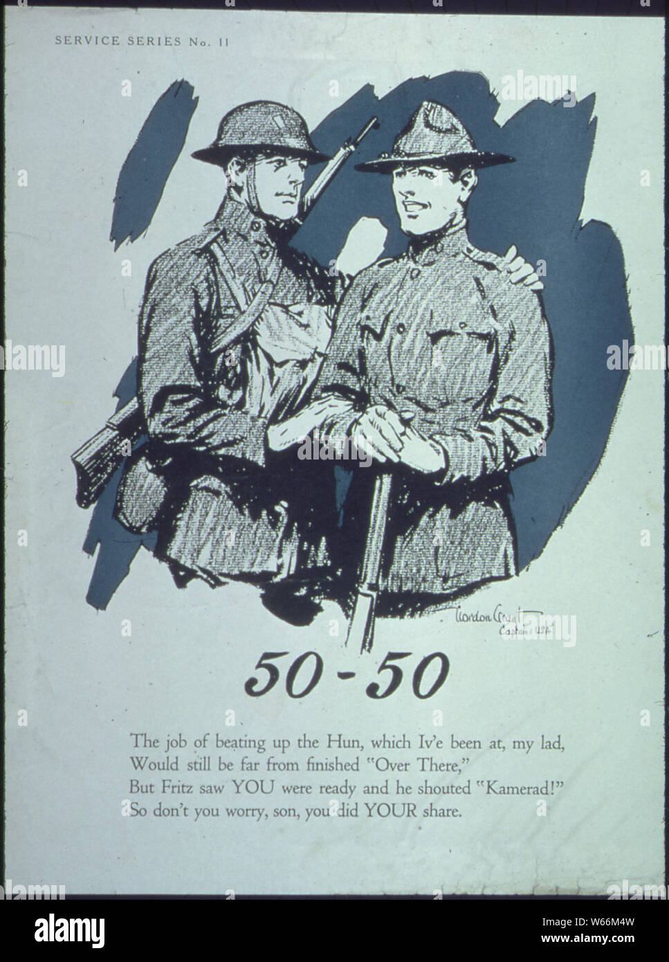 Job of beating up the Hun, which I've been at my lad, Would still be far from finished Over There , But Fritz saw YOU were ready and he shouted,Kamerad! So you don't worry son, you did YOUR share. Stock Photo