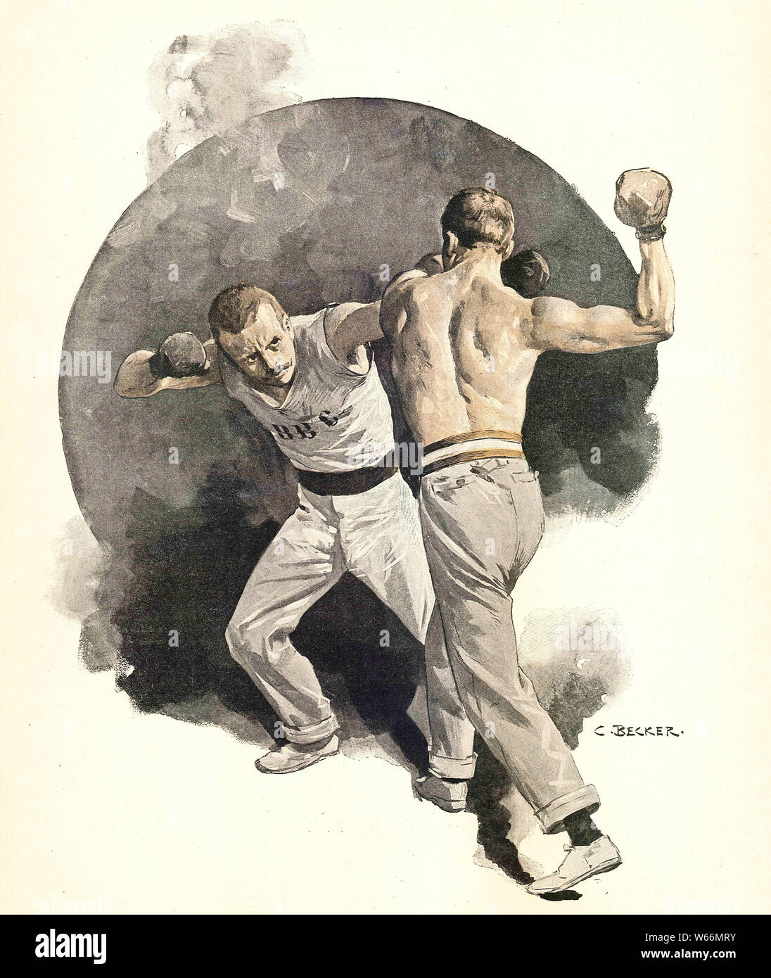 Two professional boxers are fighting, painted by C. Becker in the 19th century Stock Photo