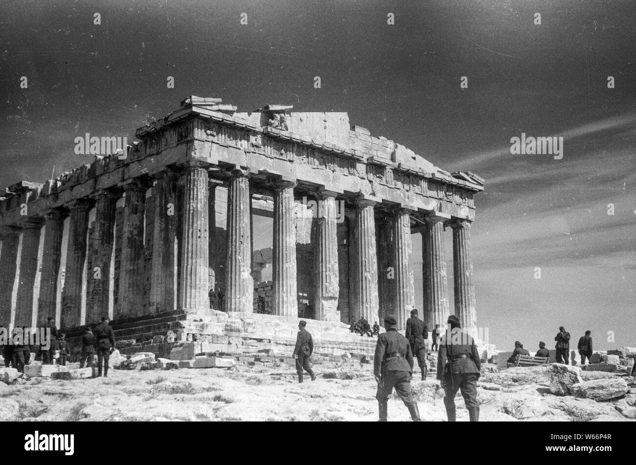 German Airforce soldiers on sightseeing tour on the famous Akropolis Temple in Athena in 1941 durch Greece occupation by German Wehrmacht Stock Photo