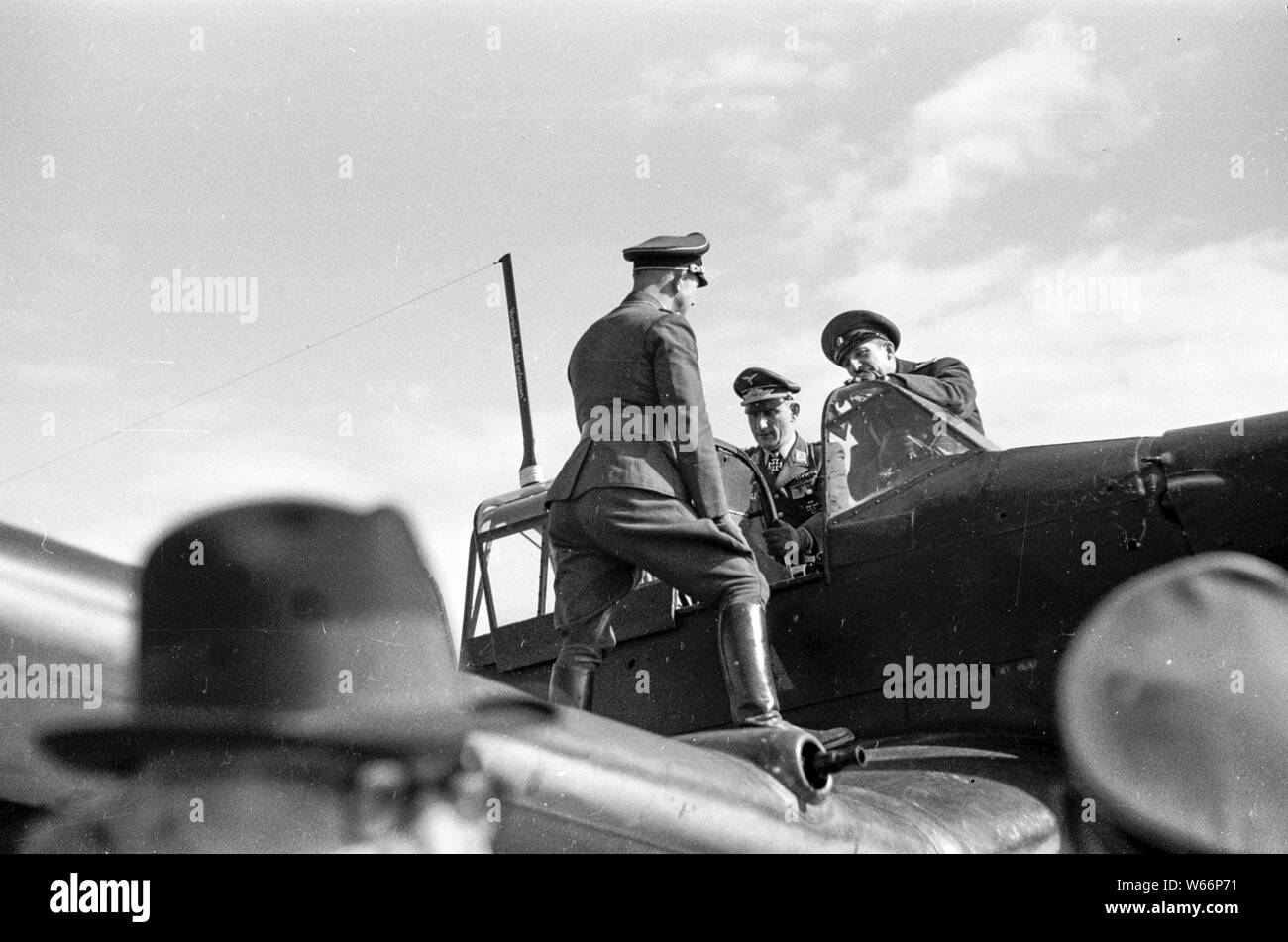 King Boris III of Bulgaria visiting German Airforce Squadron with JU 87 qnd Ju 88 bombers, 03-19-1941 on German Airbase in Krajnici, Bulgaria Stock Photo