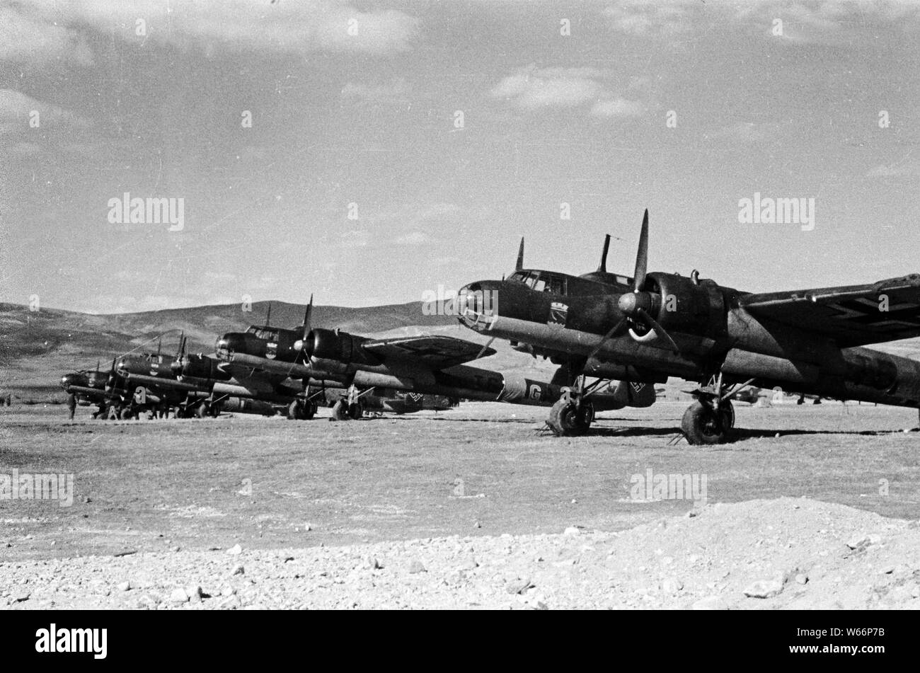 German Airforce Bombers Typ JU 88, flying over the mountains near Kalinowka, Bulgaria in 1942 during World war 2 Stock Photo