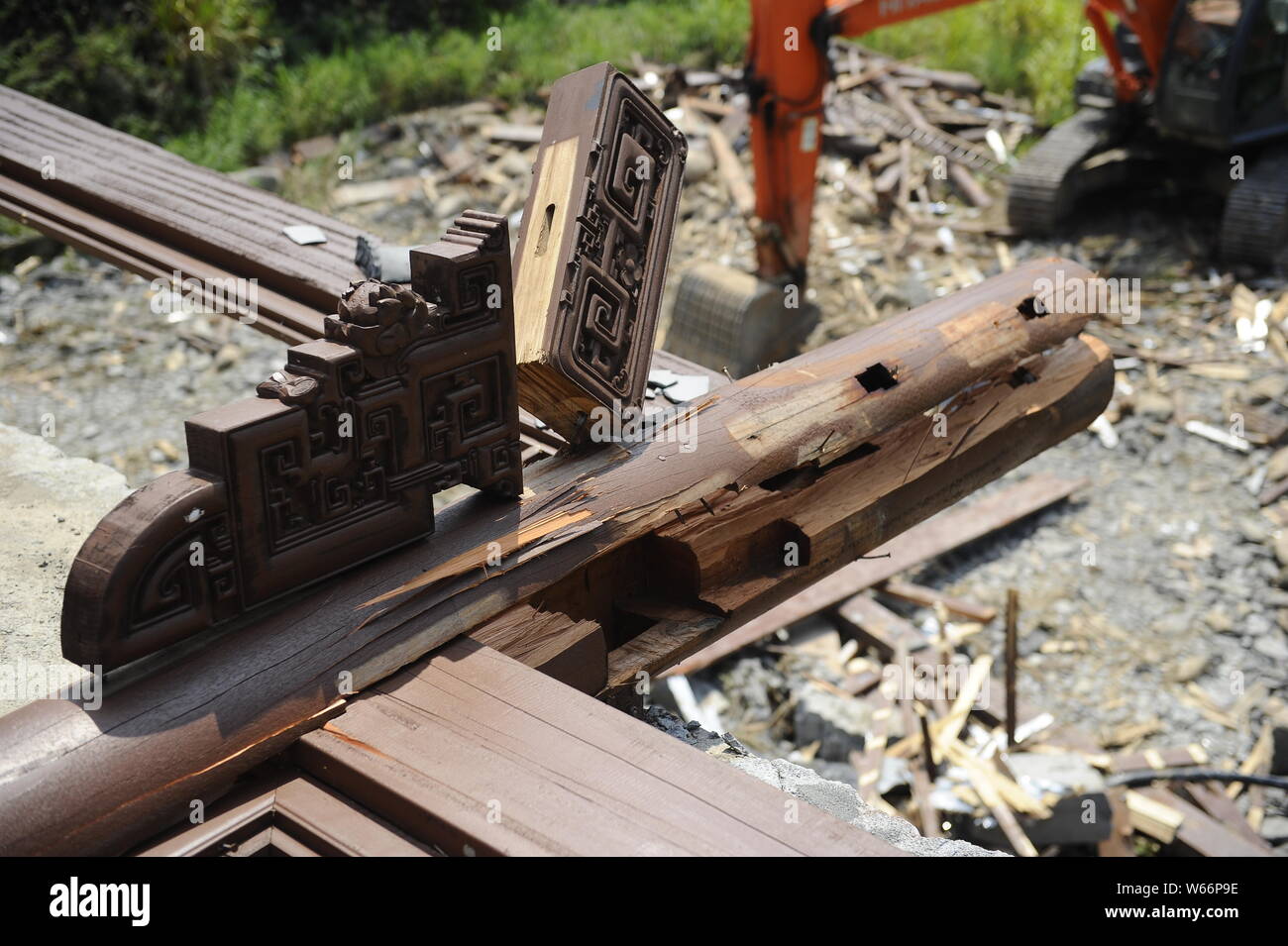 View of the accident site after a bridge collapsed, killing eight and injuring three, caused by severe weather in Hecun village, Tonglu county, Hangzh Stock Photo