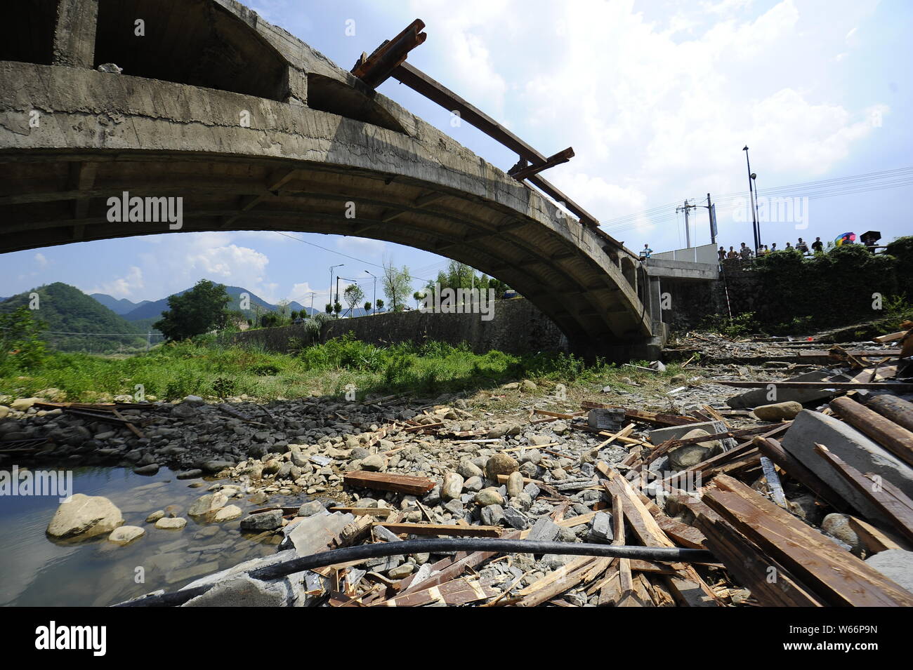 View of the accident site after a bridge collapsed, killing eight and injuring three, caused by severe weather in Hecun village, Tonglu county, Hangzh Stock Photo