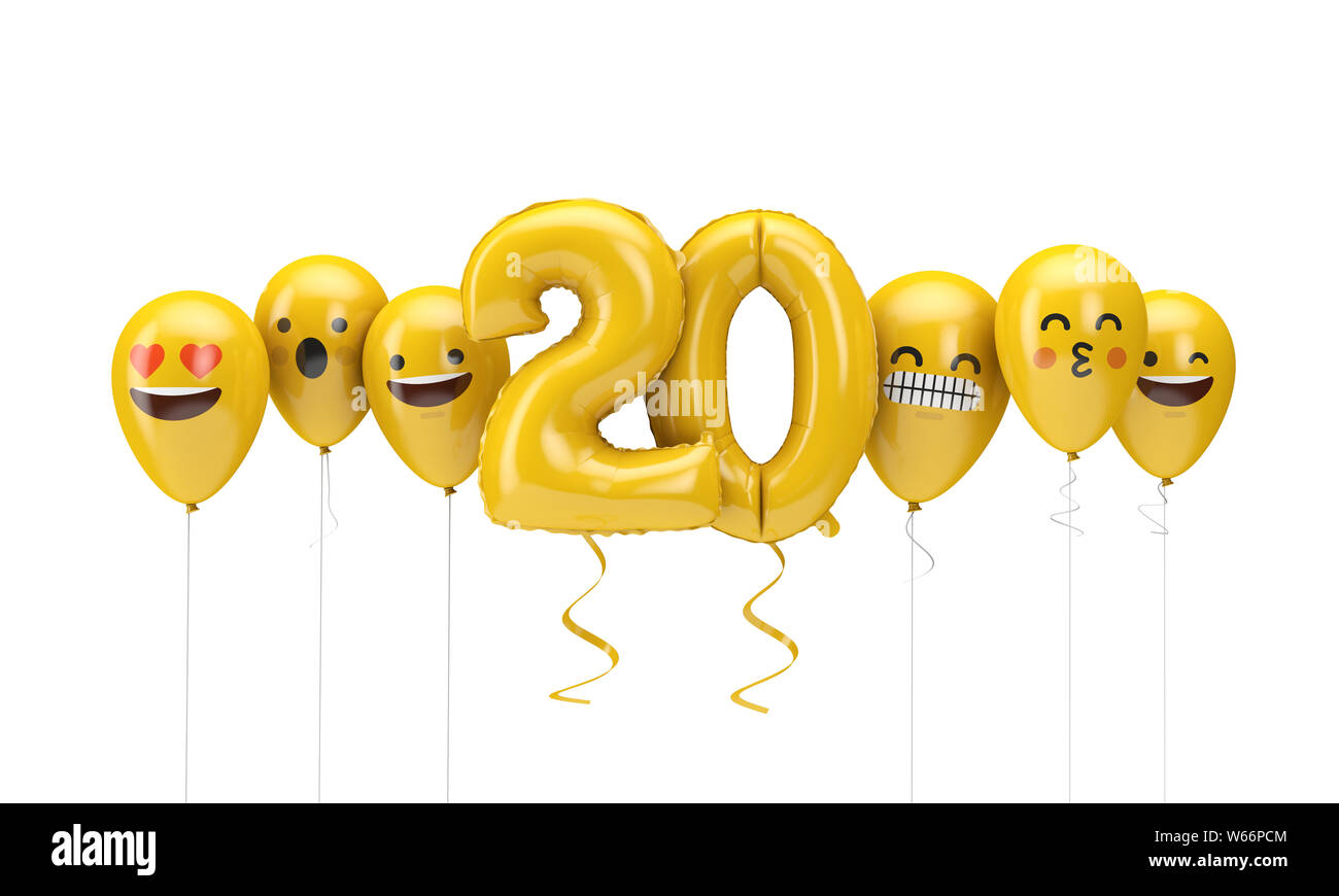 Number 20 yellow birthday emoji faces balloons. 3D Render Stock Photo