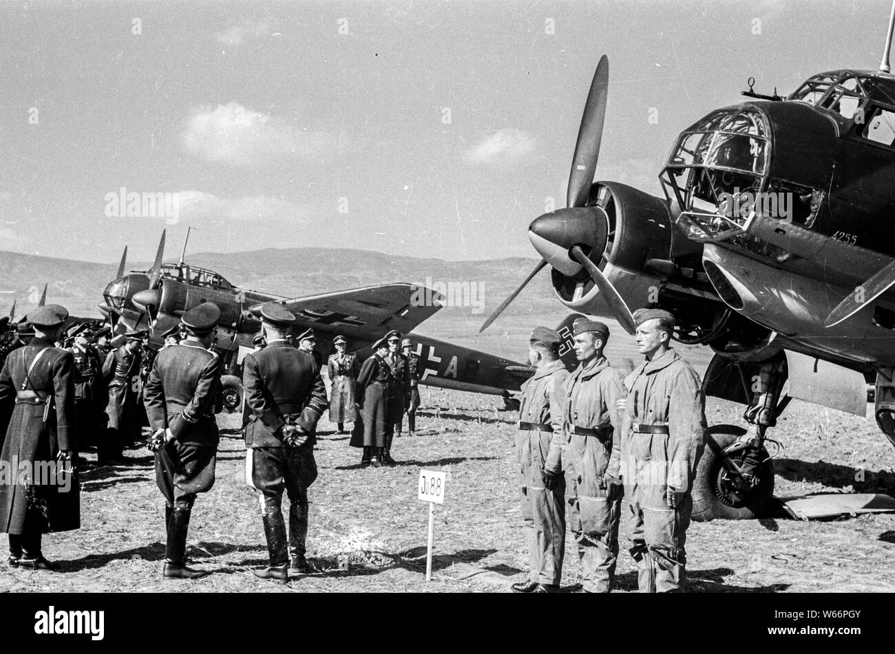 King Boris III of Bulgaria visiting German Airforce Squadron with JU 87 qnd Ju 88 bombers, 03-19-1941 on German Airbase in Krajnici, Bulgaria Stock Photo